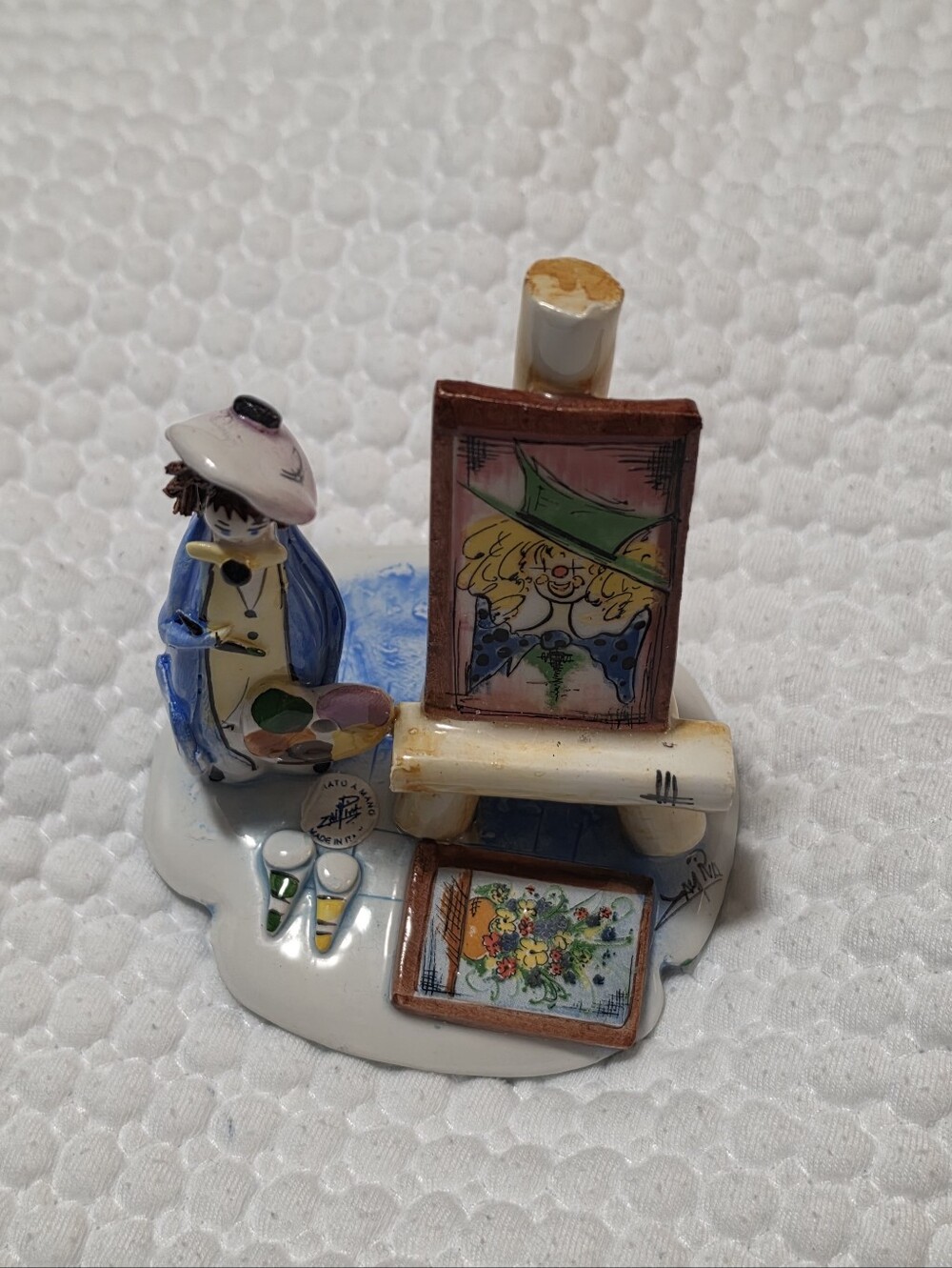 Vintage Lino Zampiva "Street Artist with Clown Painting" ceramic figurine.